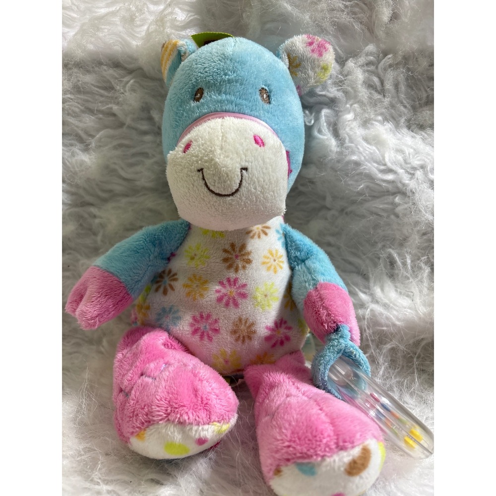 Douglas Baby Blue Pink Donkey Plush Stuffed Animal Rattle Ribbon Tags 10 inch